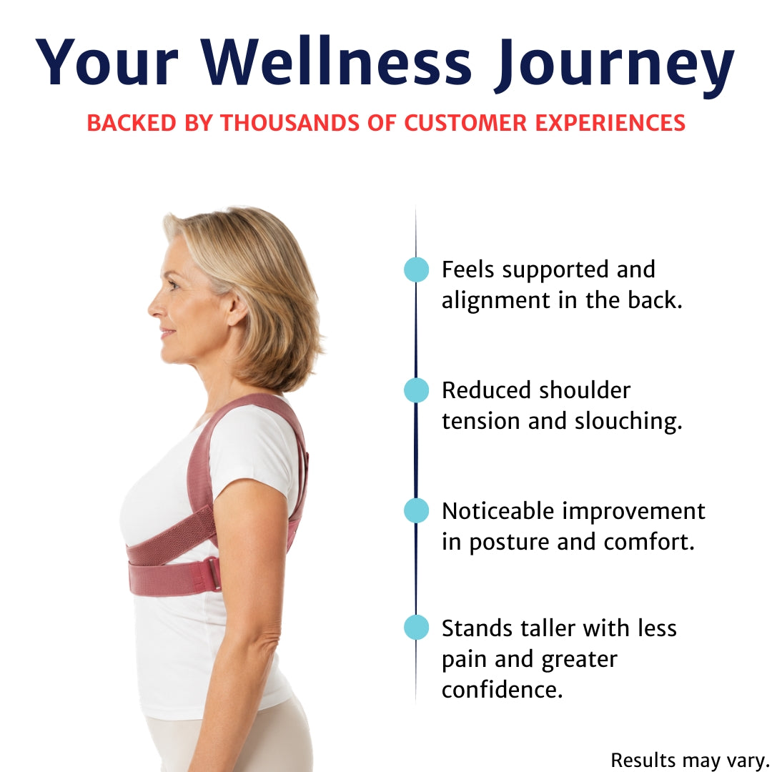 back brace for posture worn by a woman in side profile with pink straps beside a wellness journey timeline