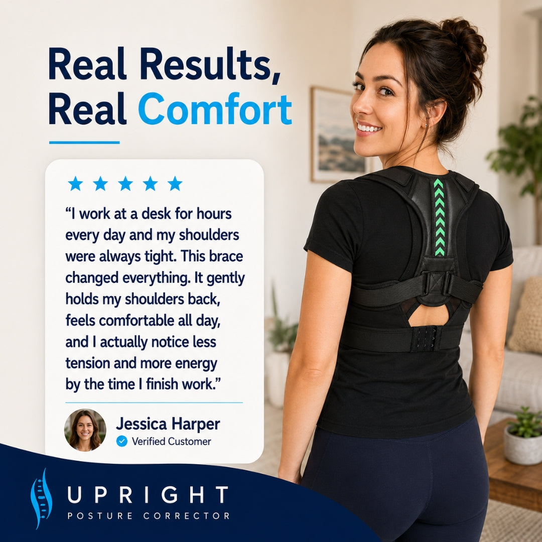 back brace for posture worn by a woman from behind in a home interior beside a customer review panel