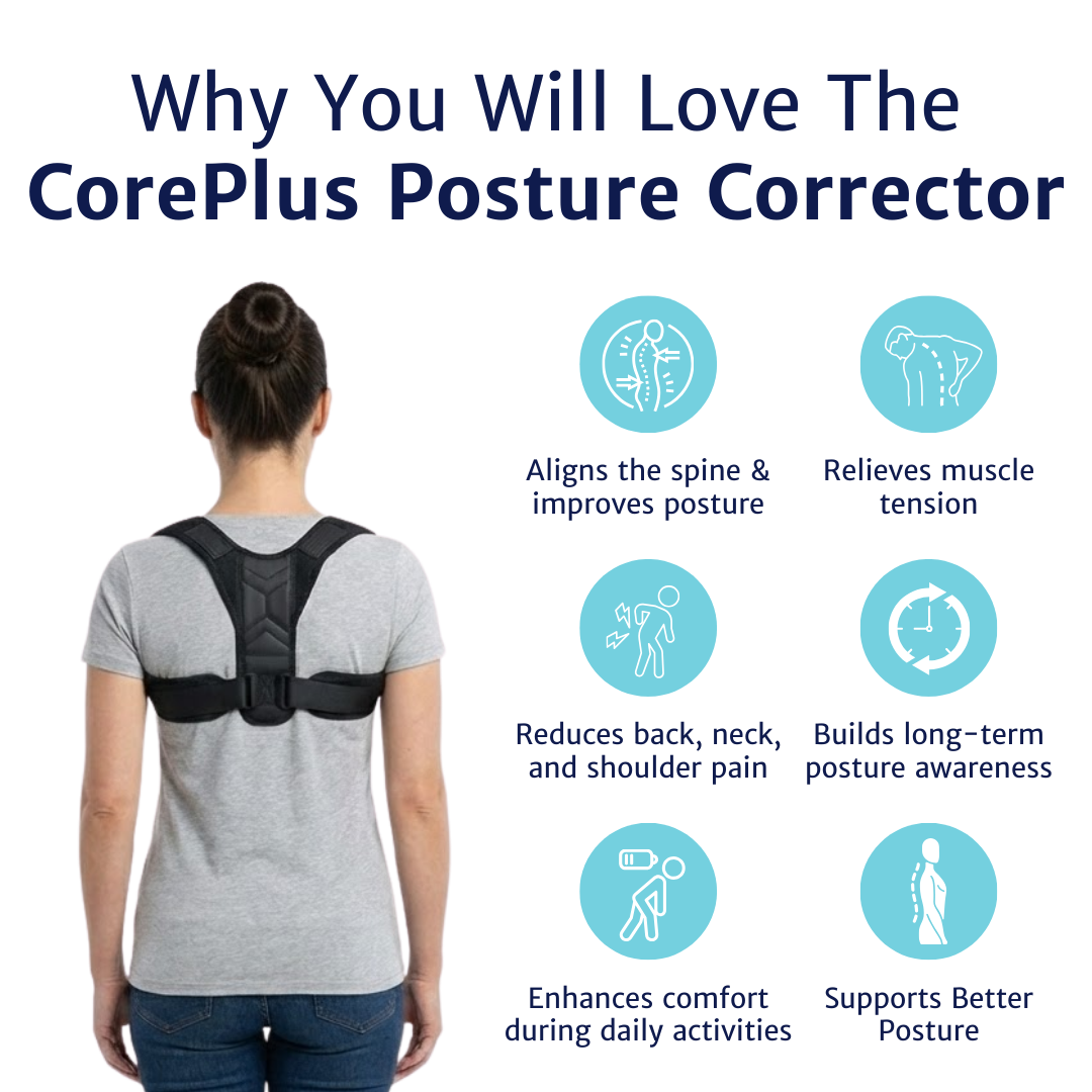 Back posture corrector worn by a woman shown from behind with straps positioned across the upper back.
