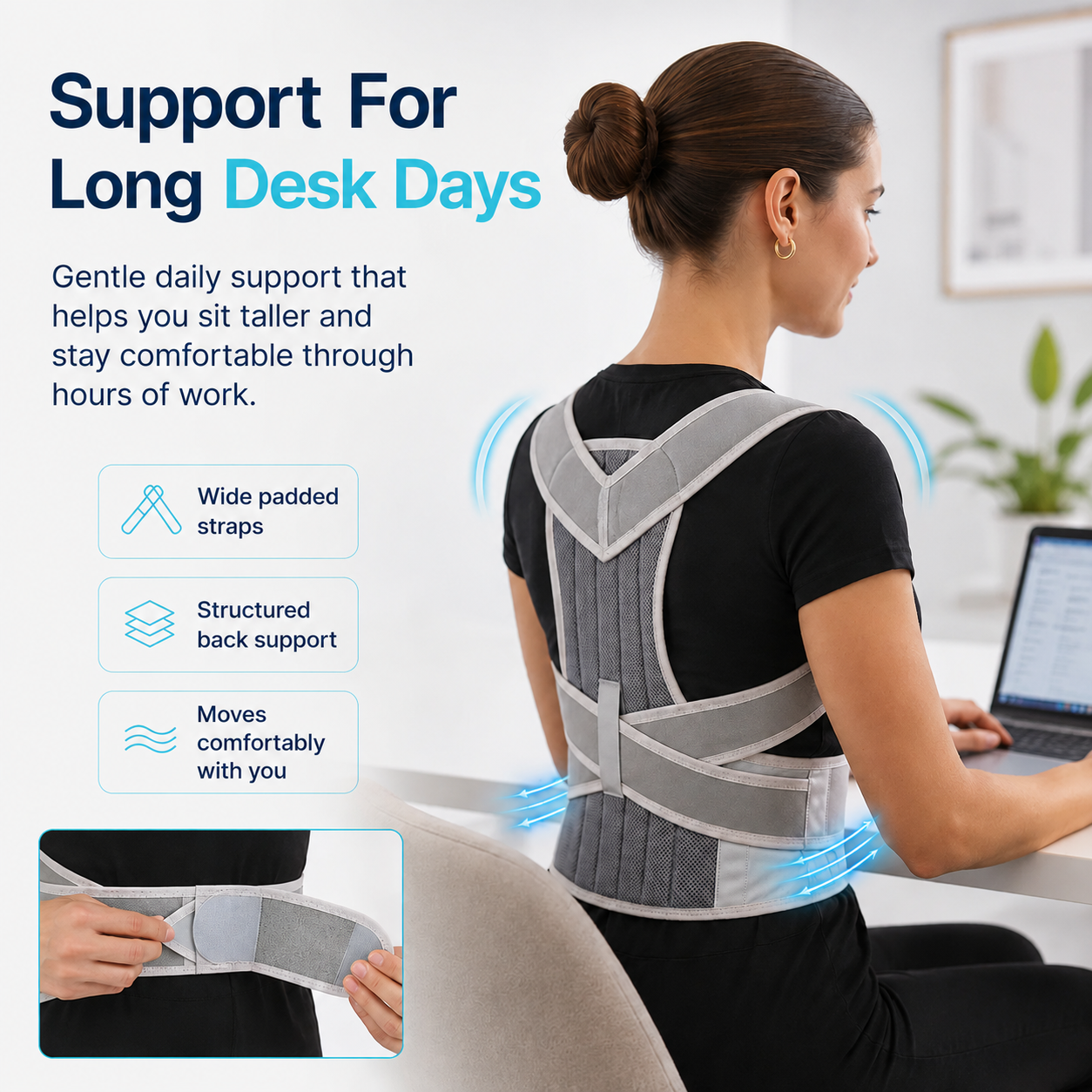 Woman at a desk wearing the Coluna back posture corrector in grey, showing wide padded straps, structured back support, and an adjustable lumbar belt for long hours of sitting