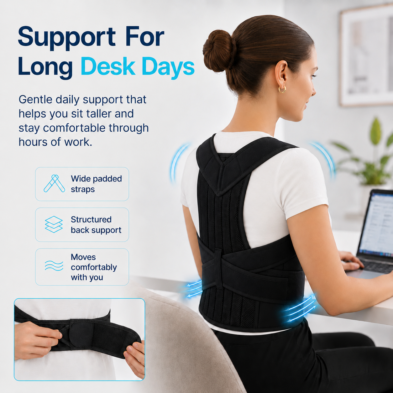  Woman at a desk wearing the CoreLift back posture corrector, showing wide padded straps, structured back support, and an adjustable lumbar belt for long hours of sitting