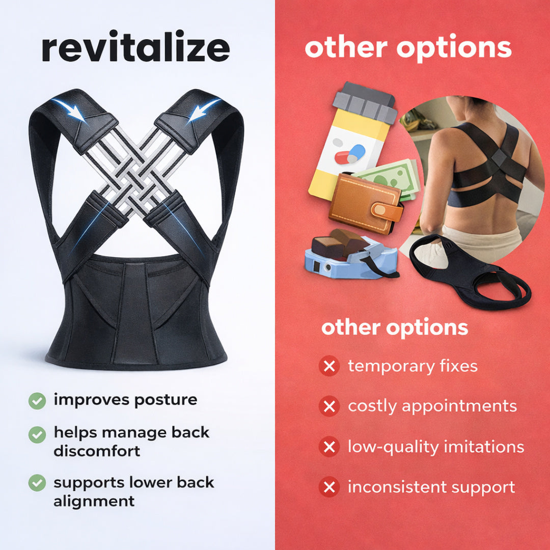 Comparison graphic showing the Revitalize posture corrector alongside other back-support options.