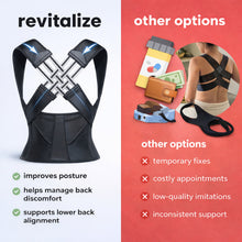 Comparison graphic showing the Revitalize posture corrector alongside other back-support options.