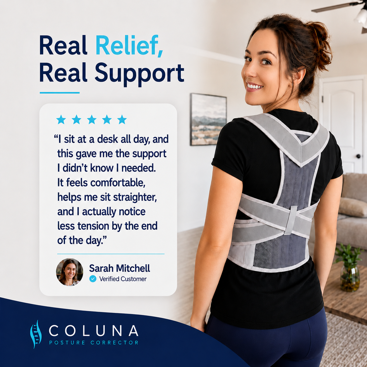 Woman wearing the Coluna posture corrector in grey at home with a five-star customer review, showing comfortable back support and reduced tension for desk work