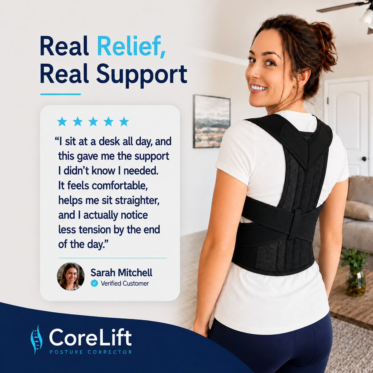 Woman wearing the CoreLift posture corrector at home with a five-star customer review, showing comfortable back support and reduced tension for desk work