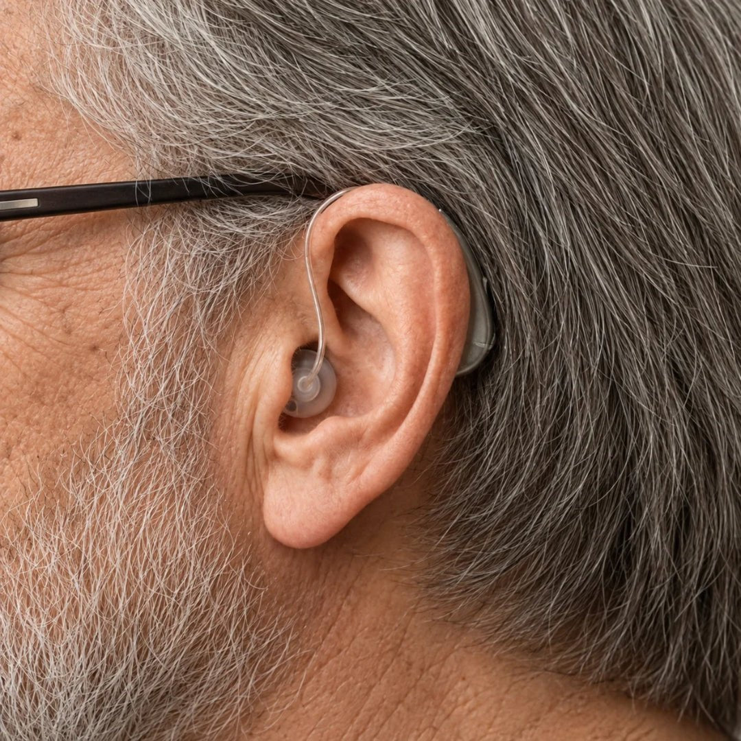 Close-up of GoSound receiver wire and earpiece beside eyeglasses