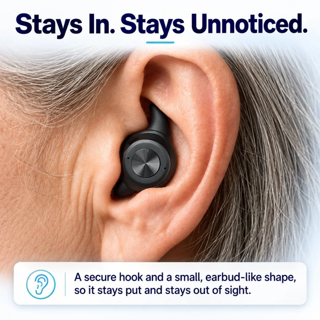 Close-up of QuietFit in-ear hearing aid with curved stabiliser