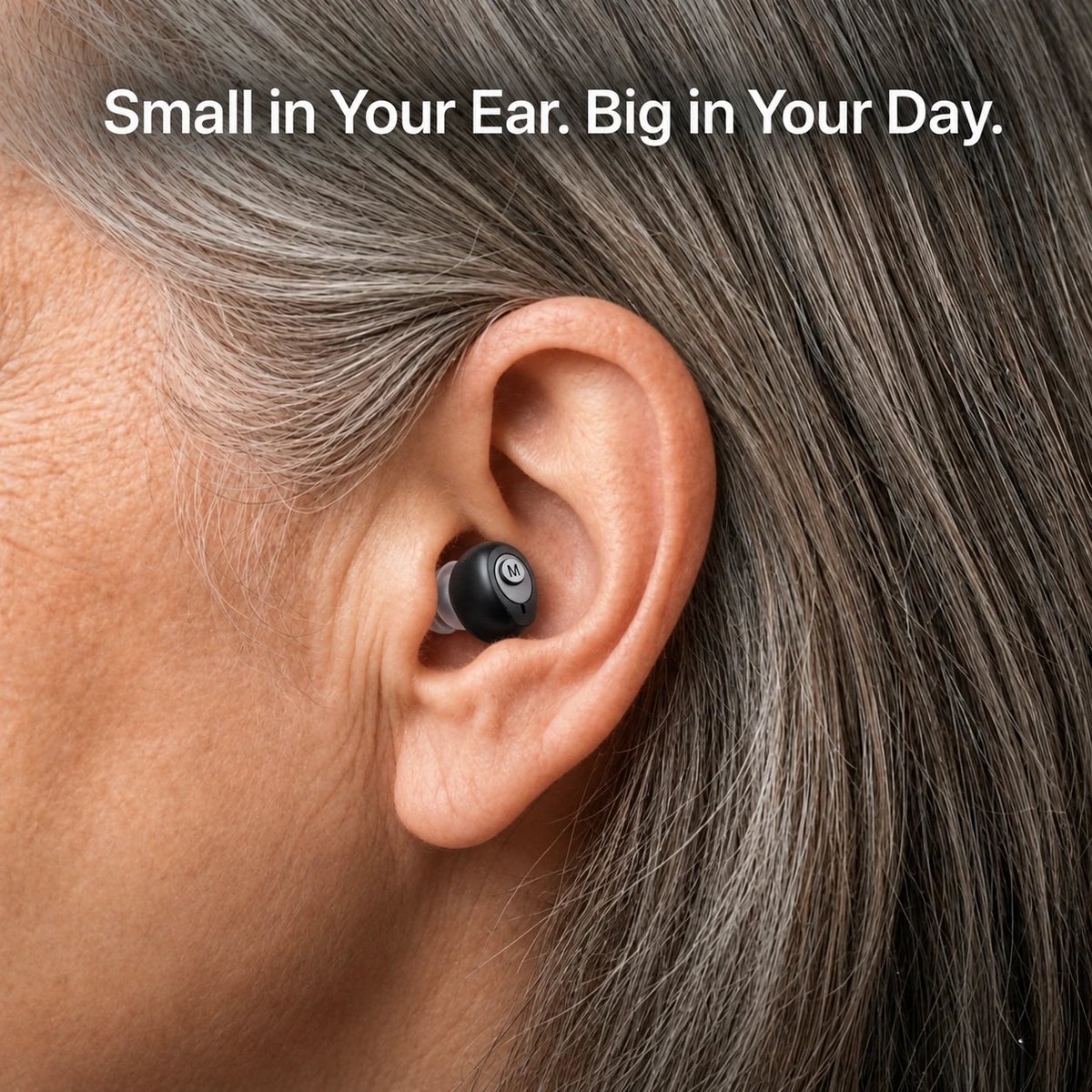 Close-up showing the compact Invisa in-ear fit