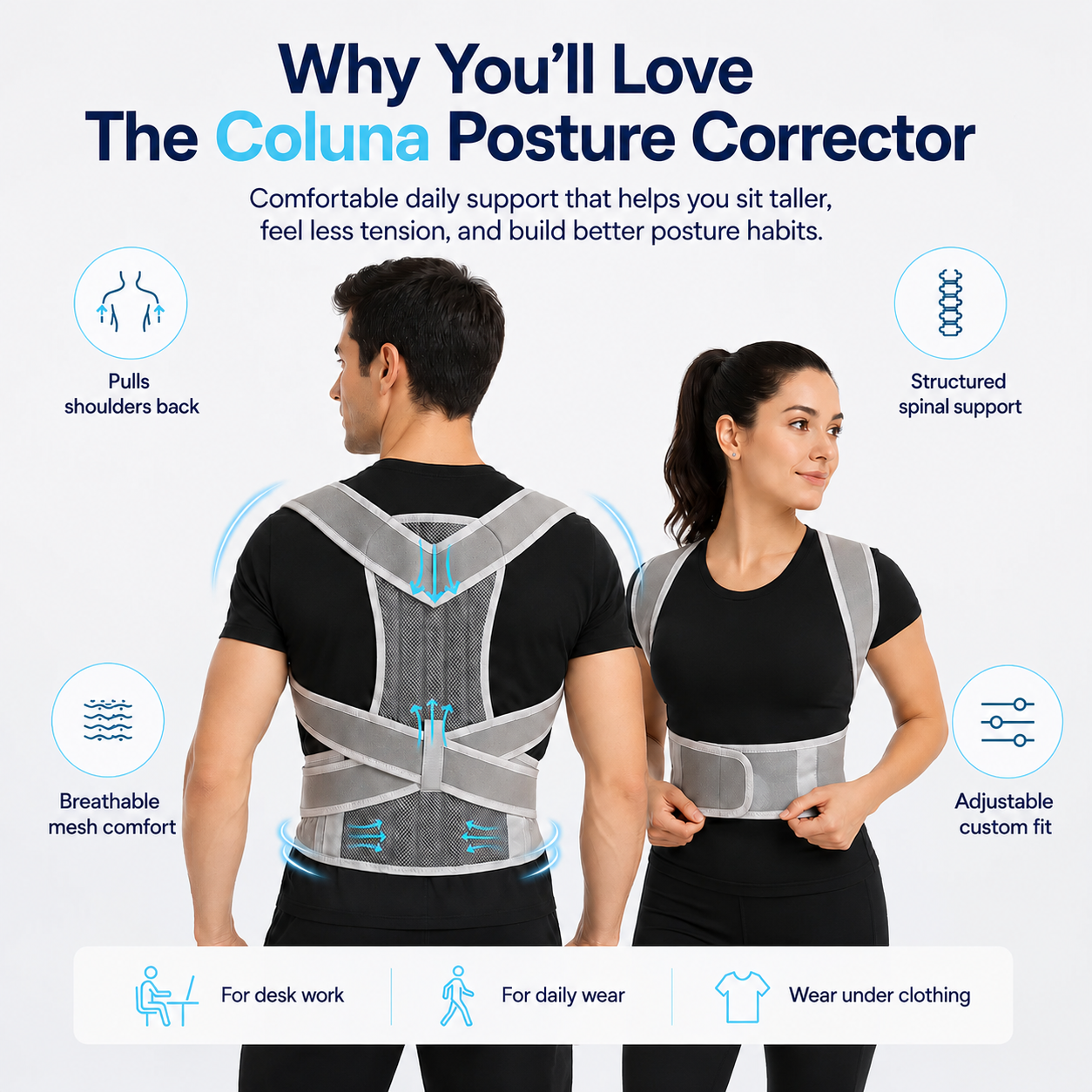 Man and woman wearing the Coluna back brace for posture in grey, showing shoulder support, structured spinal support, breathable mesh, and adjustable lumbar fit for desk work and daily wear