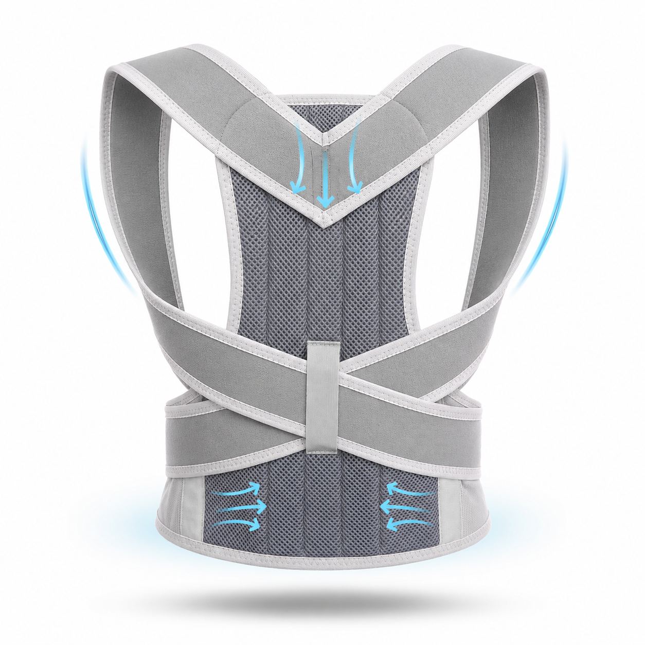 Coluna posture corrector back brace shown from the back in grey, with padded shoulder straps, breathable mesh panel with support stays, criss-cross straps, and adjustable lumbar support belt