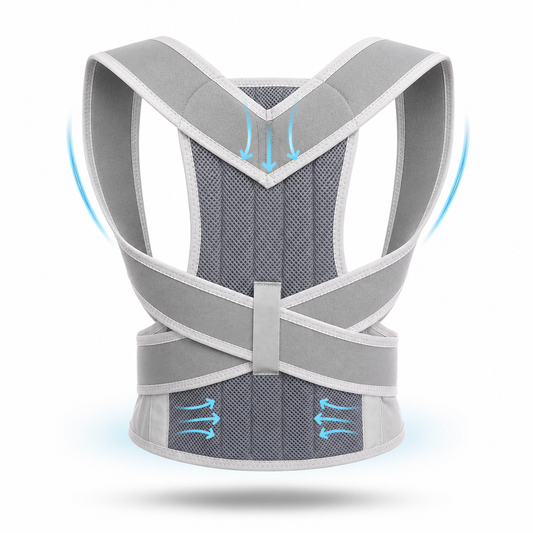 Coluna posture corrector back brace shown from the back in grey, with padded shoulder straps, breathable mesh panel with support stays, criss-cross straps, and adjustable lumbar support belt