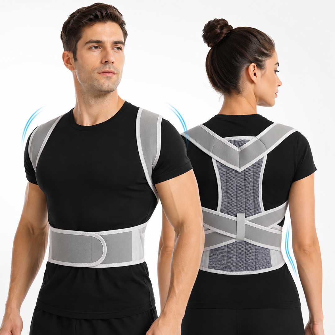 Man and woman wearing the Coluna posture corrector, showing front and back views of the adjustable back support brace for posture alignment and lumbar support.