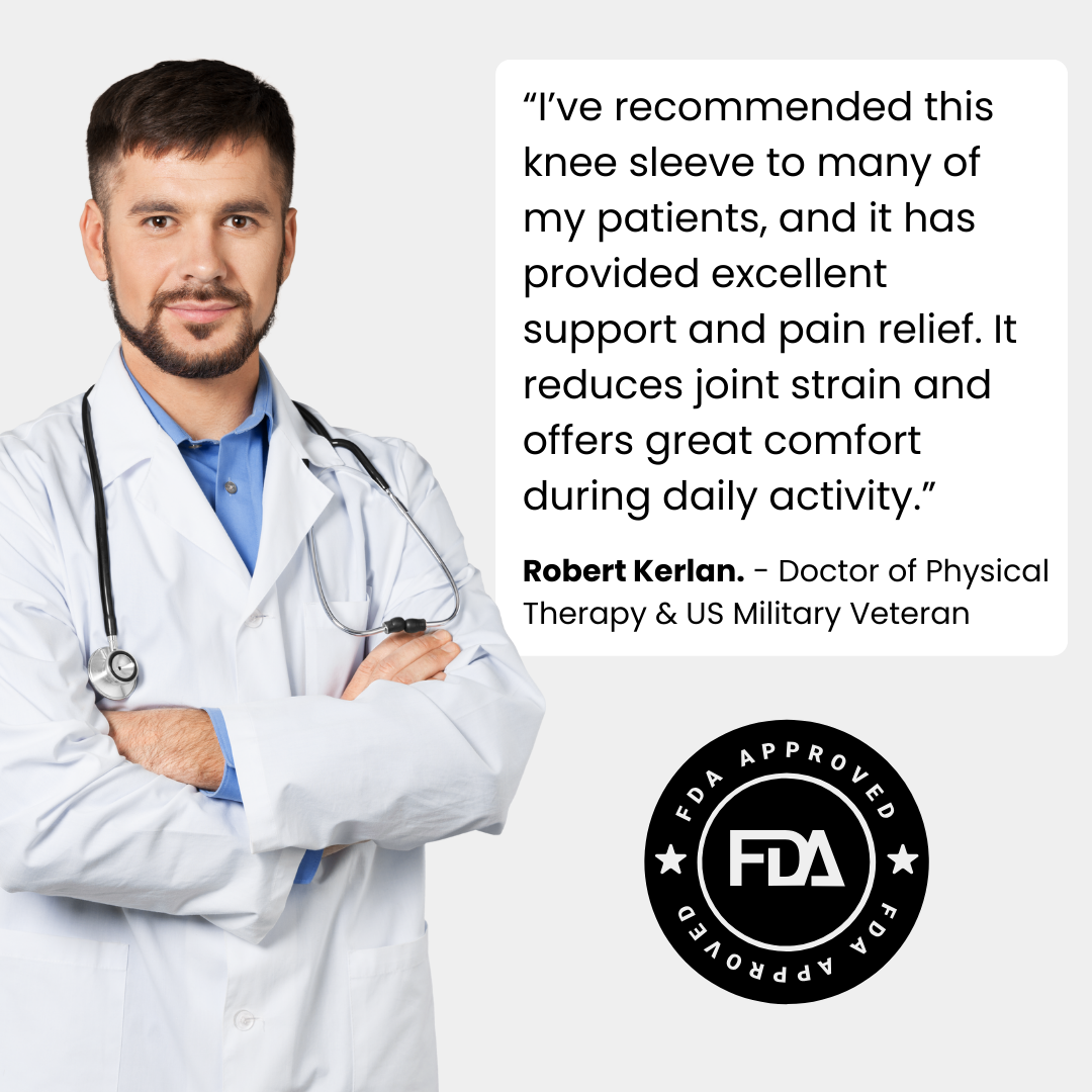Compression knee sleeve brace shown alongside a medical professional portrait and testimonial graphic.