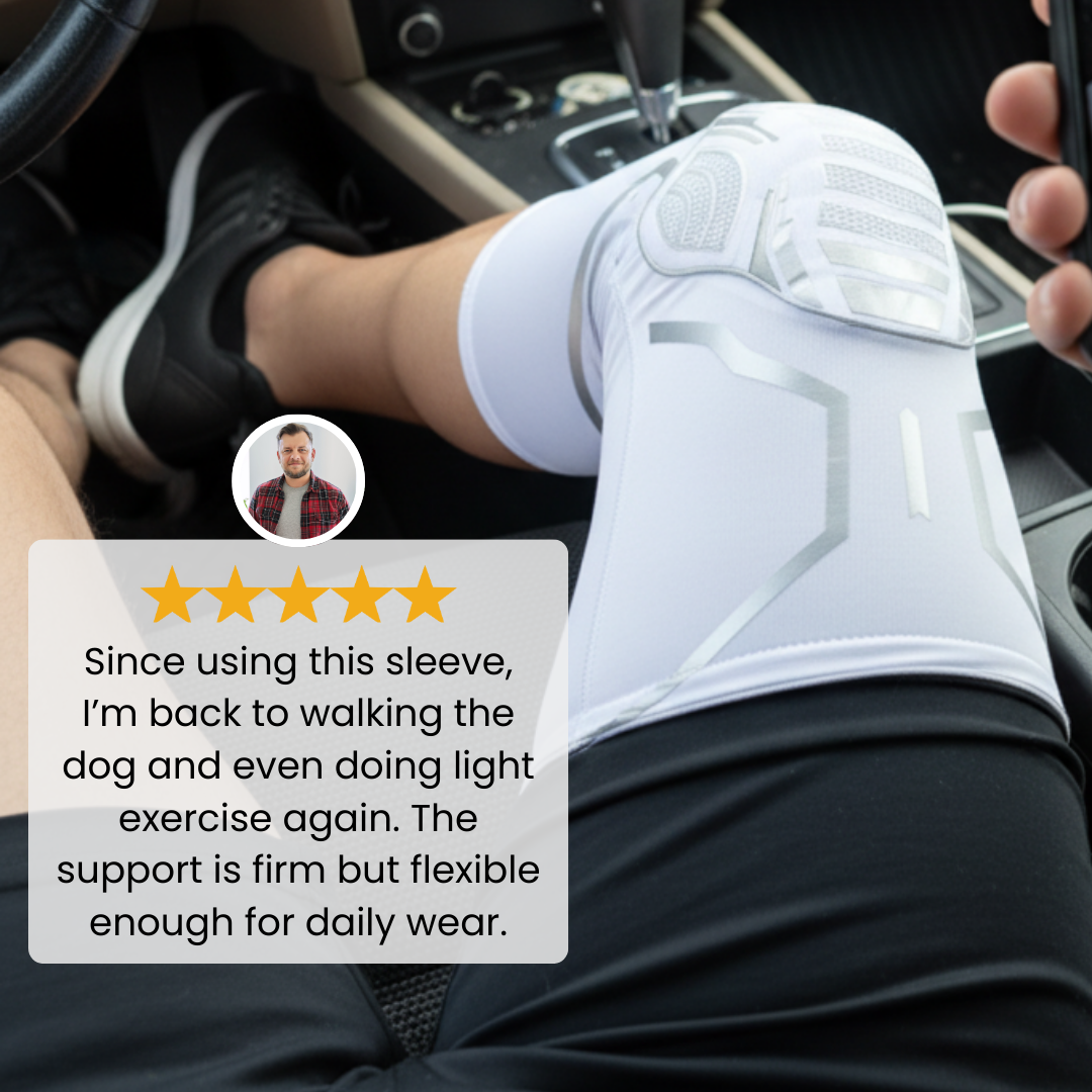 Compression sleeve legs view showing the sleeve worn while seated in a vehicle during daily activity.