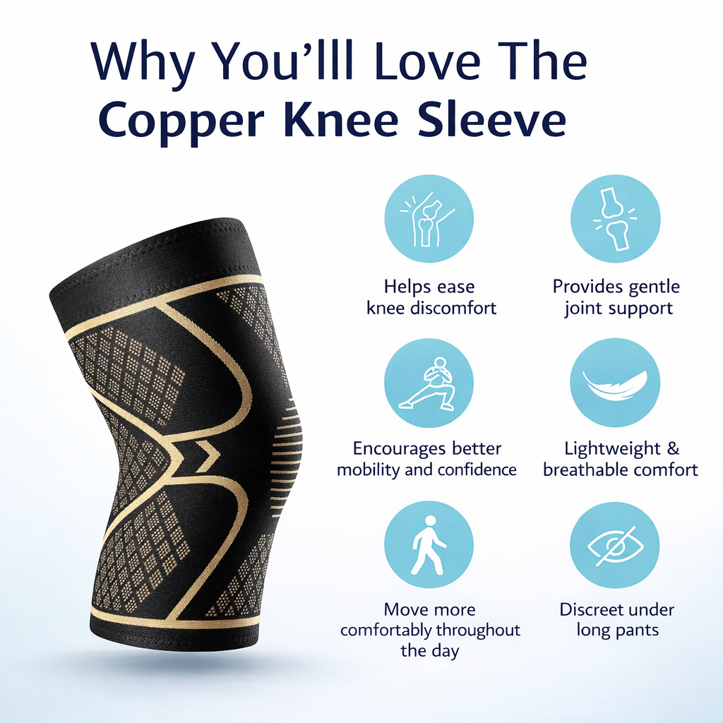 Copper knee compression sleeve highlighting benefits including knee support, pain relief, improved mobility, breathable comfort, and discreet wear under clothing.