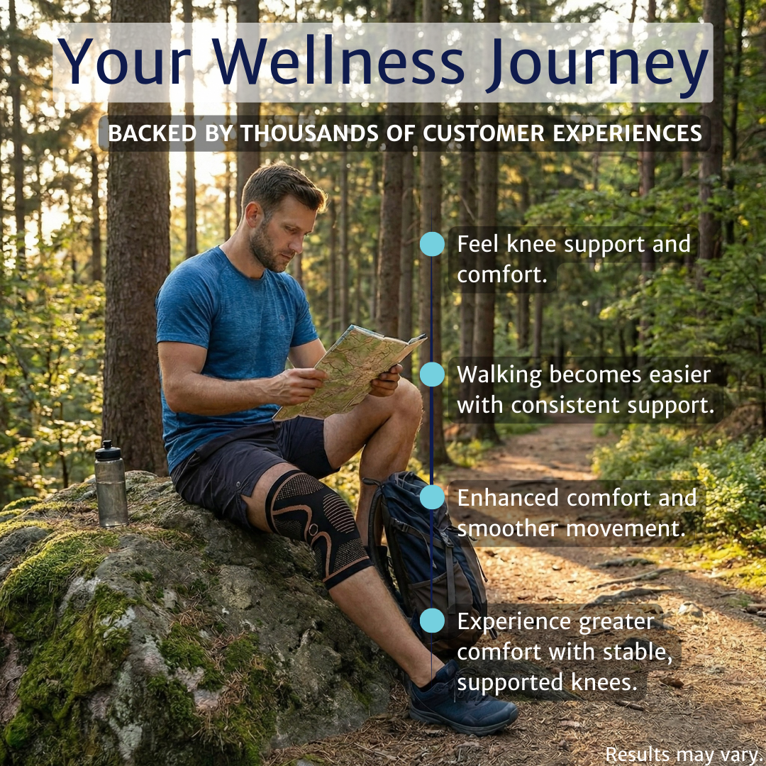 Man hiking outdoors while wearing a copper knee compression sleeve for knee support, improved mobility, and comfortable walking during outdoor activities.