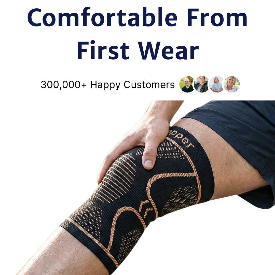 Copper knee compression sleeve worn on knee providing joint support, pain relief, and improved stability for everyday movement and physical activity.