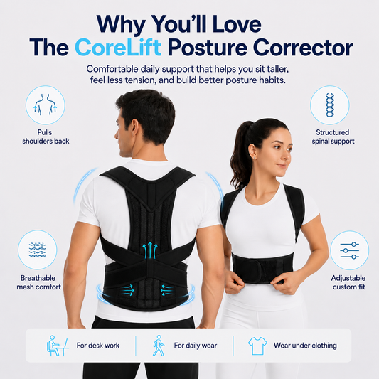 Man and woman wearing the CoreLift back brace for posture, showing shoulder support, structured spinal support, breathable mesh, and adjustable lumbar fit for desk work and daily wear
