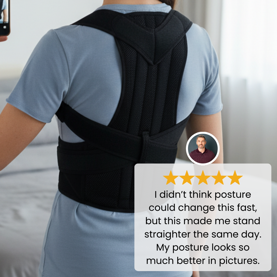 person wearing CoreLift posture corrector back brace showing improved posture and upper back support