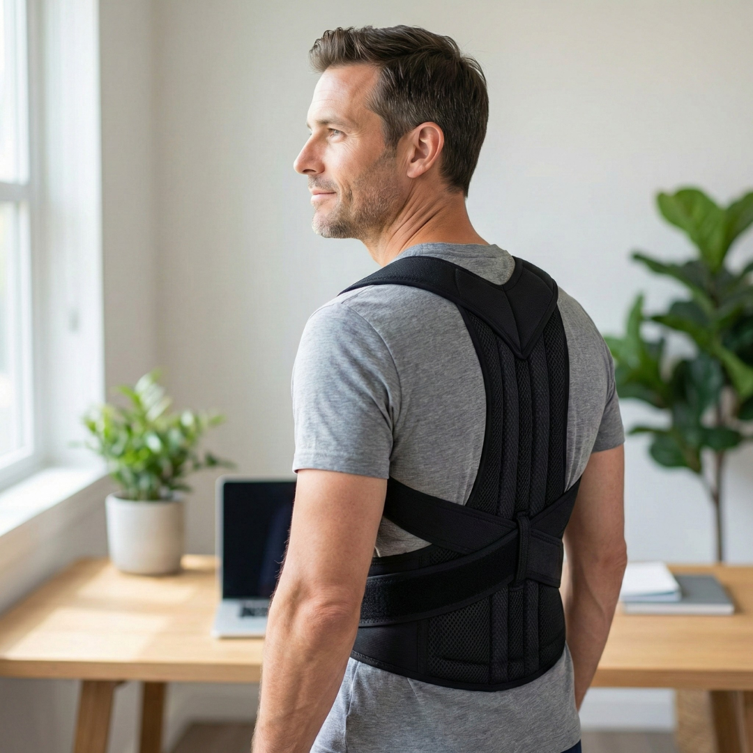 man wearing CoreLift posture corrector back brace while standing at desk showing improved posture and back support