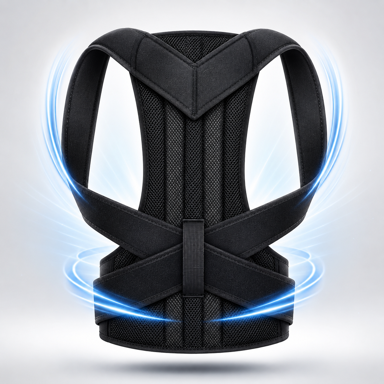 CoreLift posture corrector back brace shown from the back, with padded shoulder straps, breathable mesh panel with support stays, criss-cross straps, and lumbar support belt