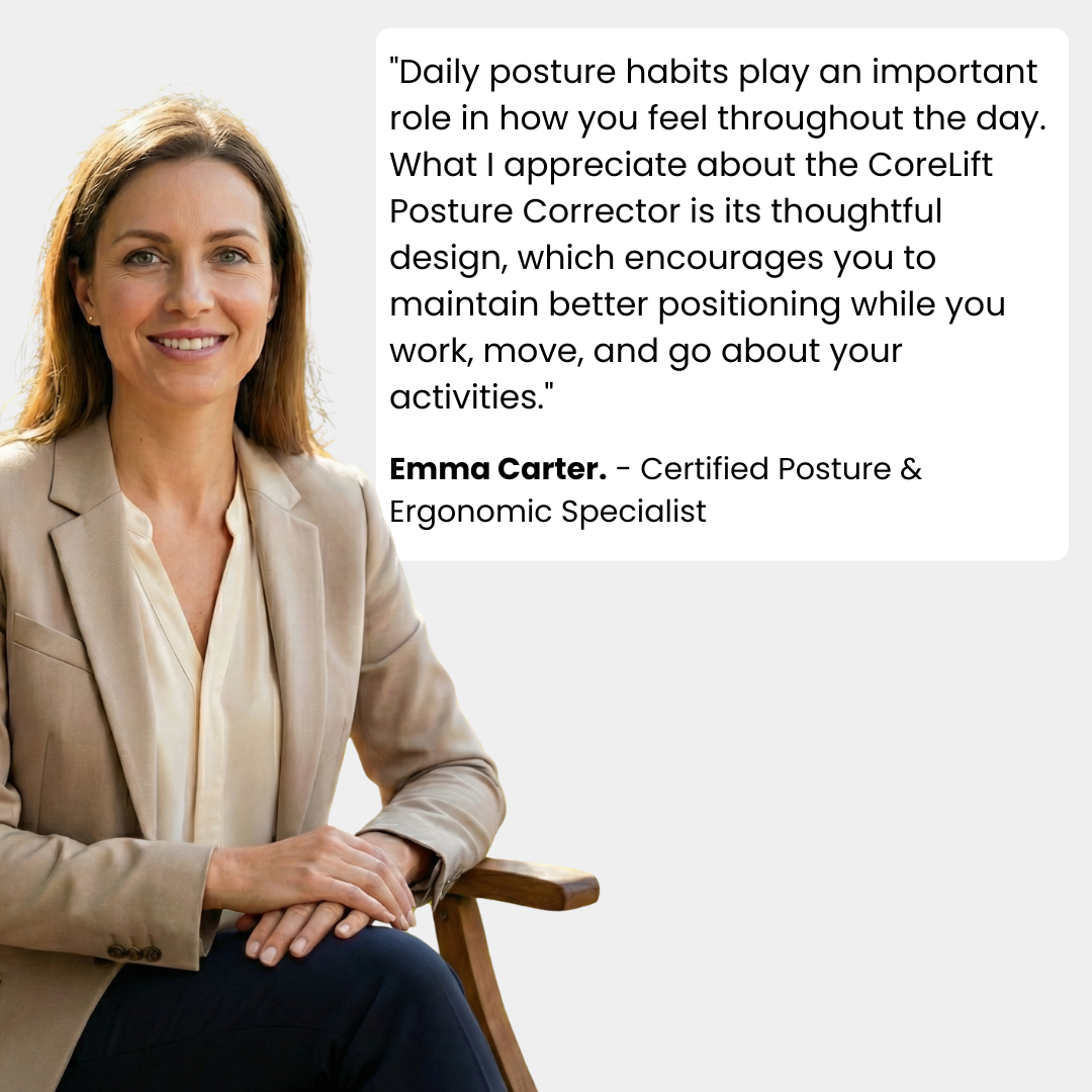  Certified posture and ergonomic specialist Emma Carter recommending the CoreLift posture corrector for better daily posture support