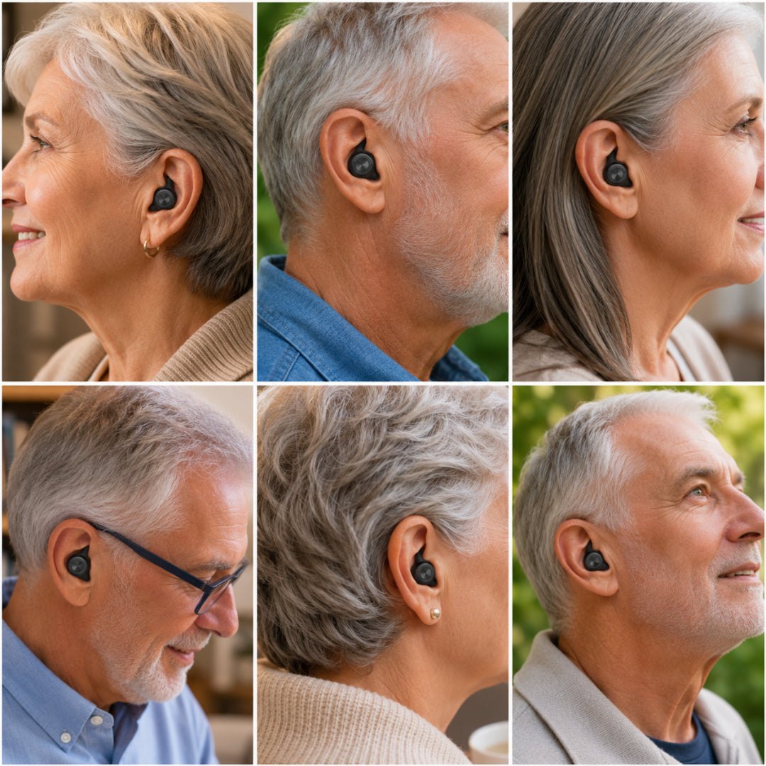 Different people wearing QuietFit in-ear hearing aids