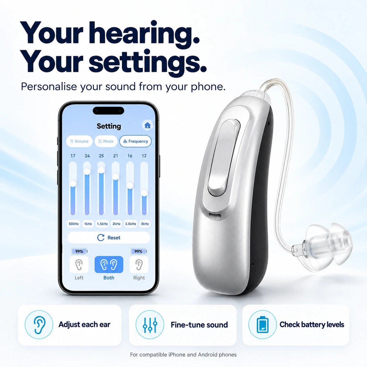 GoSound app controls for iPhone and Android, including volume and sound settings