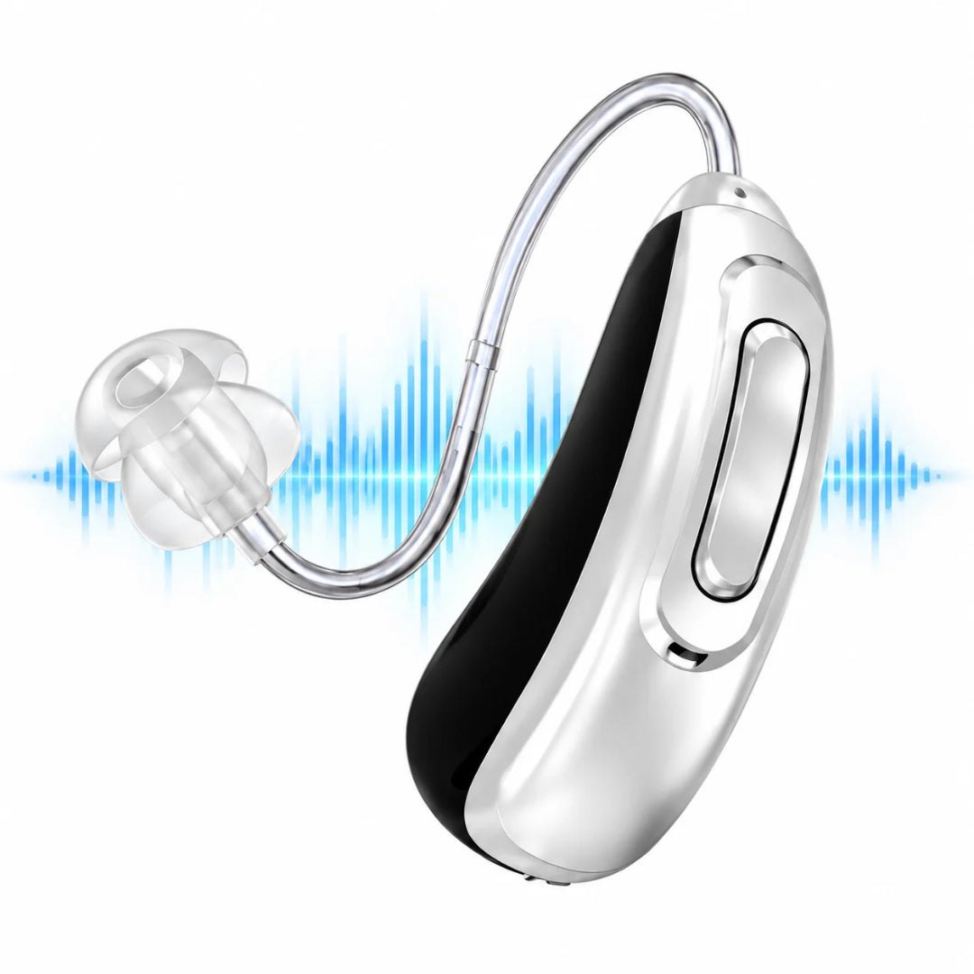 GoSound behind-the-ear hearing aid with receiver wire and silicone tip