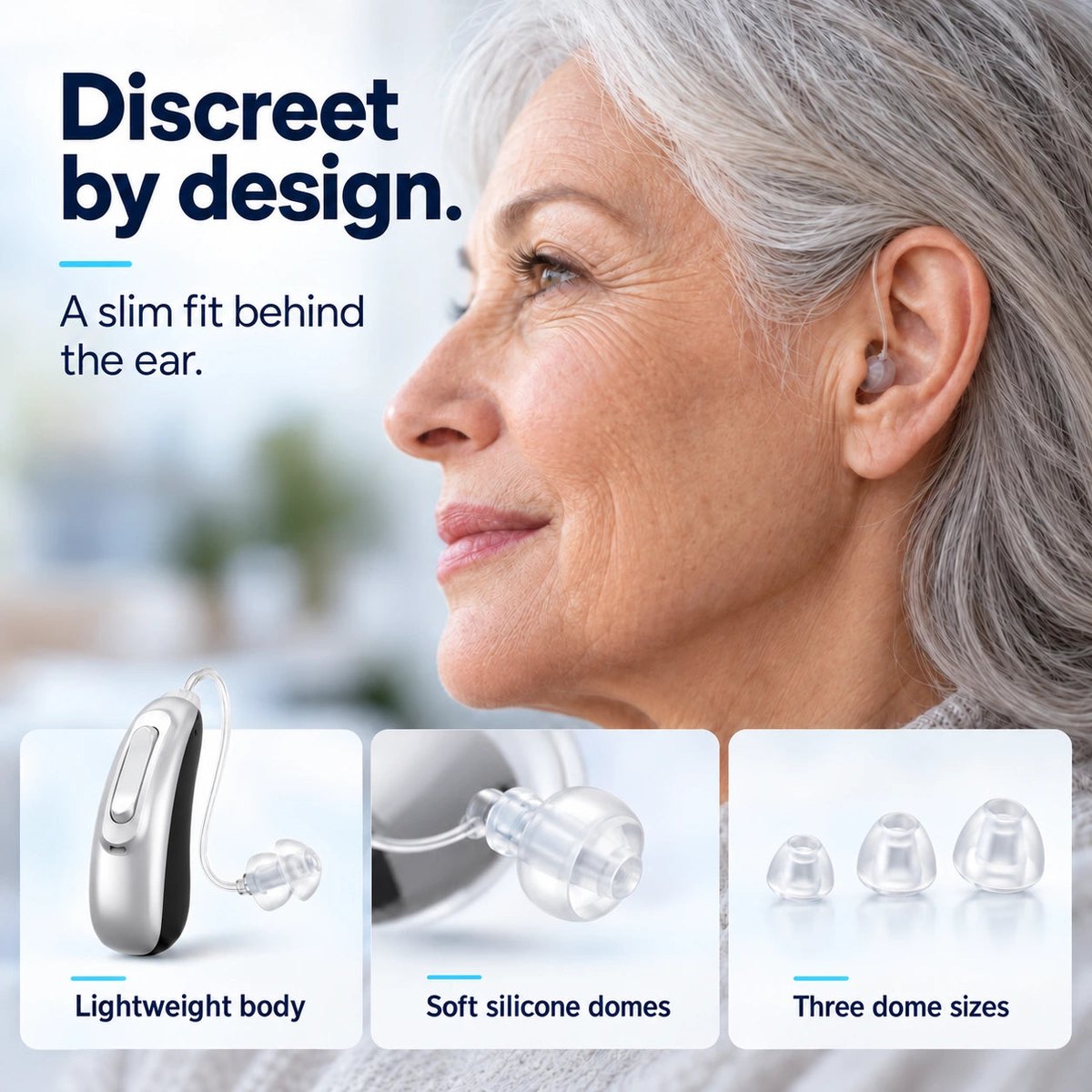 GoSound hearing aid concealed beneath hair, with clear receiver wire and earpiece visible