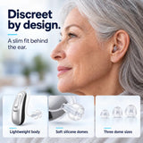 GoSound hearing aid concealed beneath hair, with clear receiver wire and earpiece visible