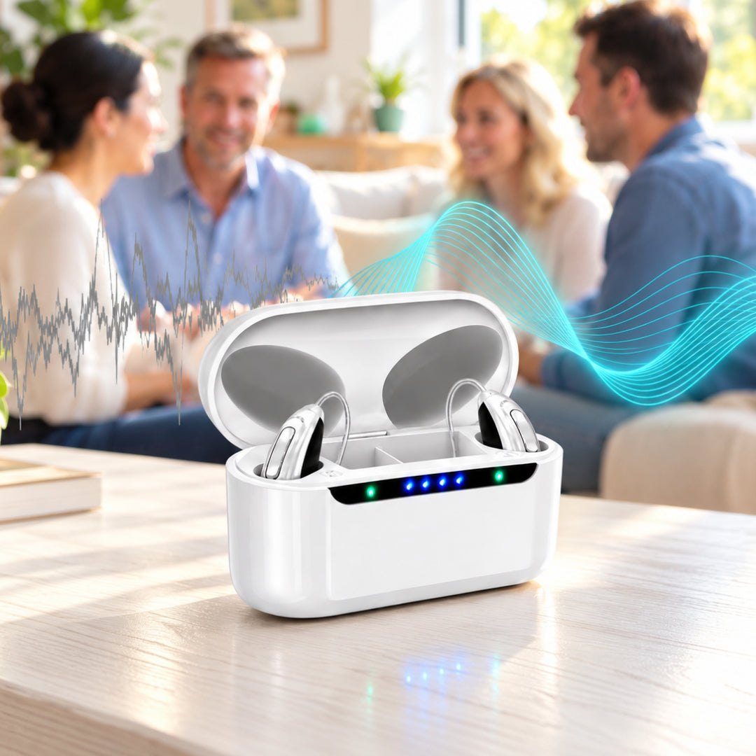GoSound hearing aids and case beside a group having a conversation