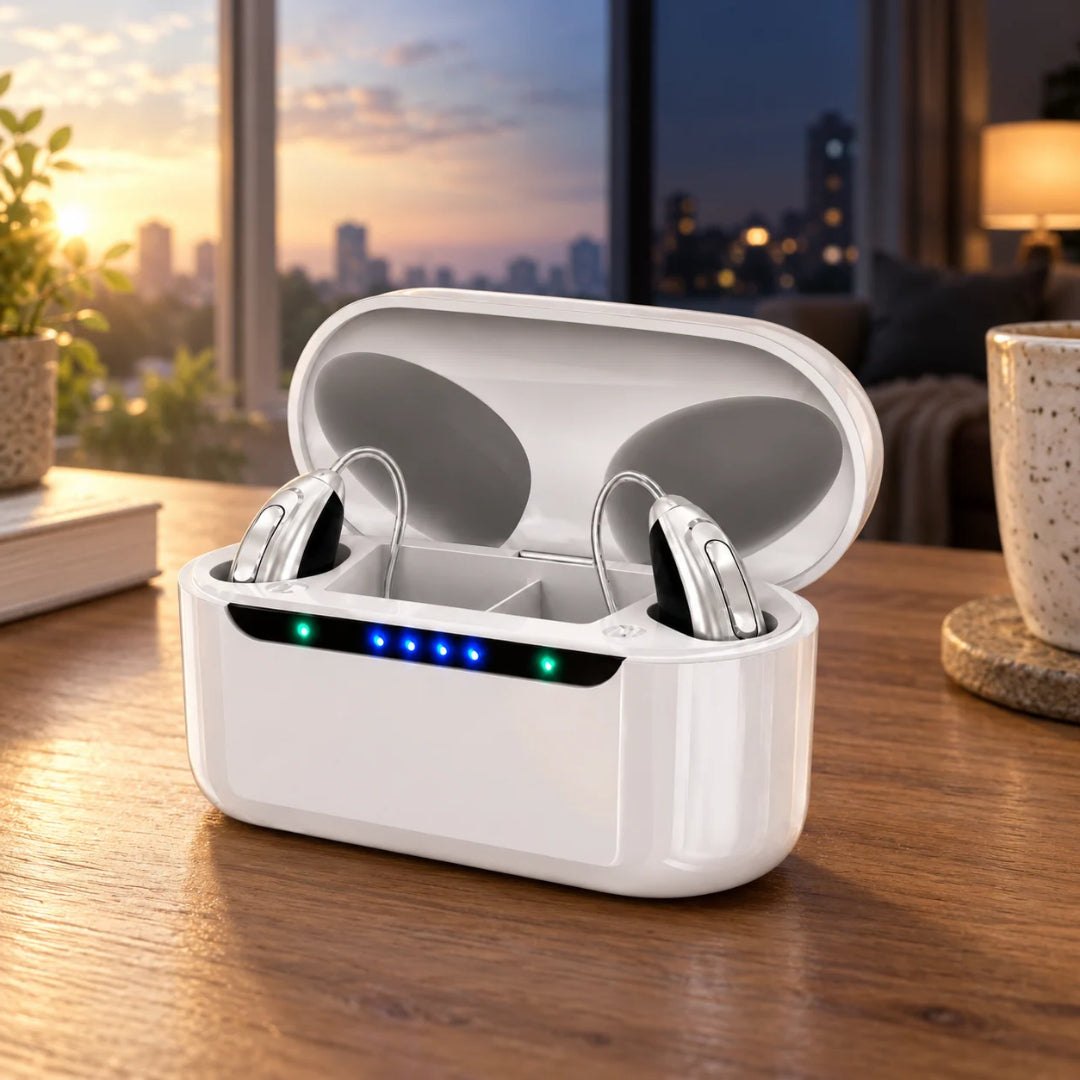 GoSound hearing aids in their open charging case