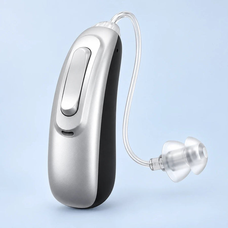 GoSound matte silver hearing aid with rocker control