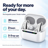GoSound rechargeable hearing aids with approximately 20 hours of hearing use and portable charging case