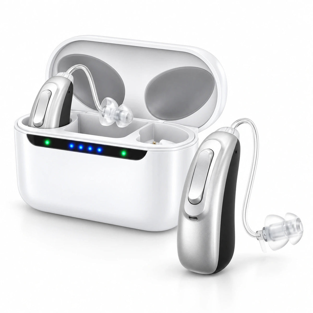 GoSound satin silver hearing aids with white rechargeable case
