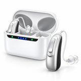 GoSound satin silver hearing aids with white rechargeable case