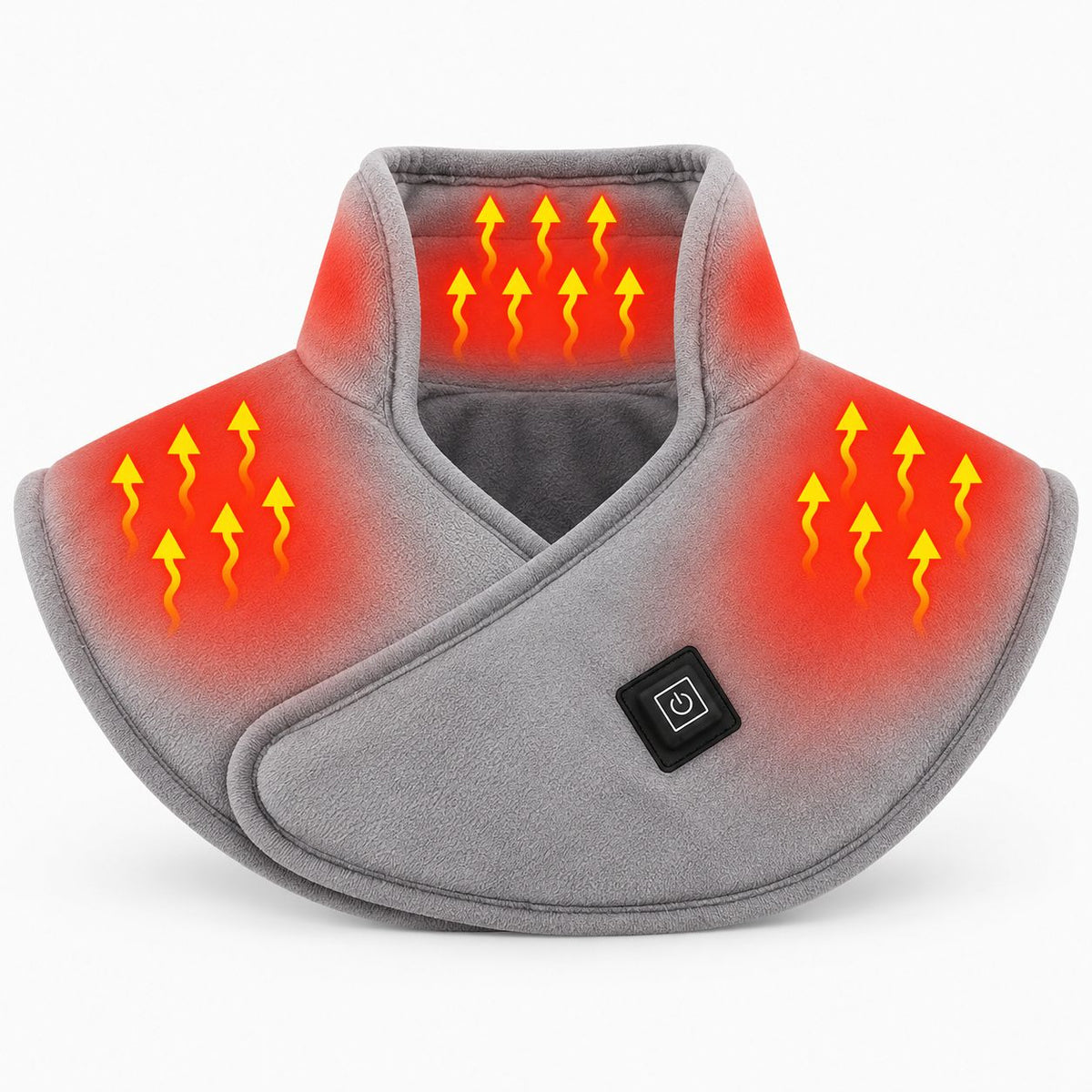 Gray neck and shoulder heating pad with heated neck and shoulder zones and front power control
