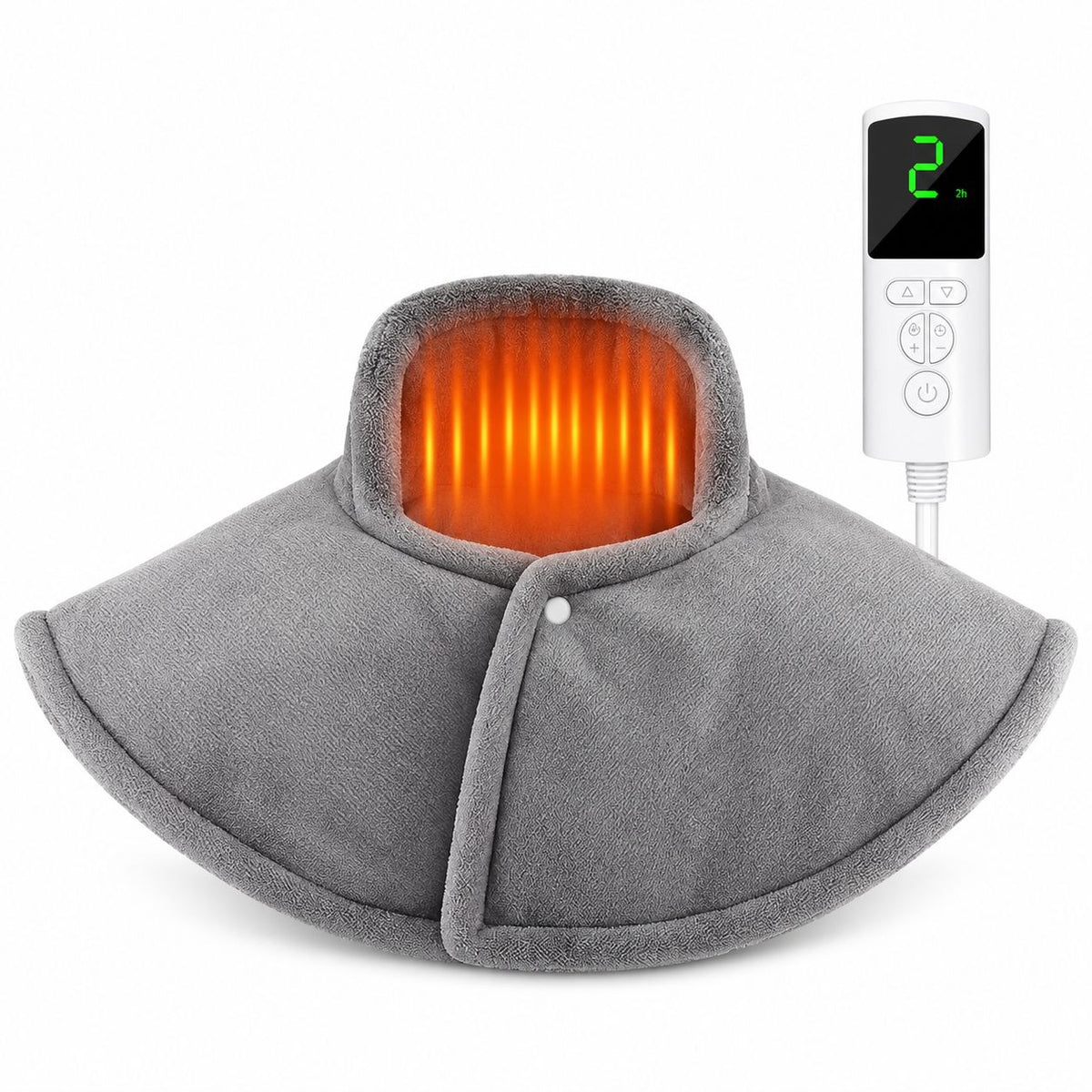 Gray neck shoulder and upper back heating pad with heated collar and digital controller