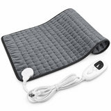 Gray rectangular electric heating pad with quilted plush surface, white controller and power cord