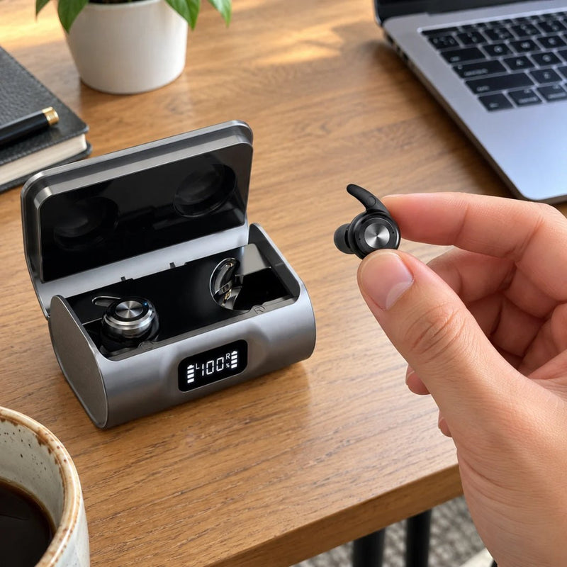 Hand lifting a QuietFit hearing aid from its charging case