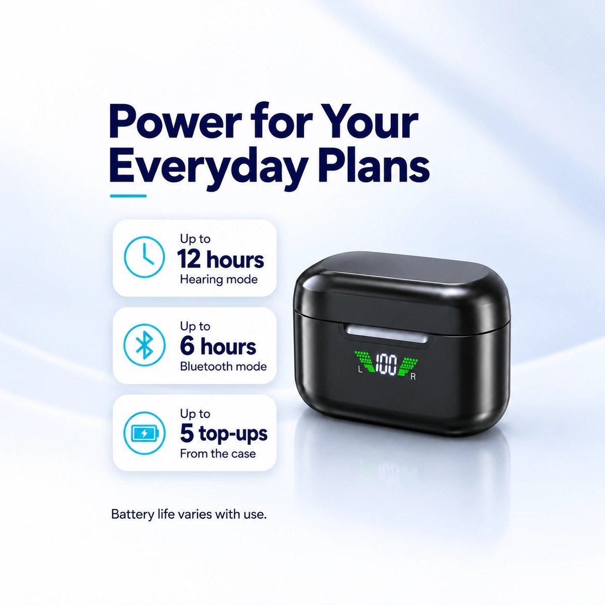 Invisa battery: up to 12 hours hearing, 6 hours Bluetooth and 5 case top-ups