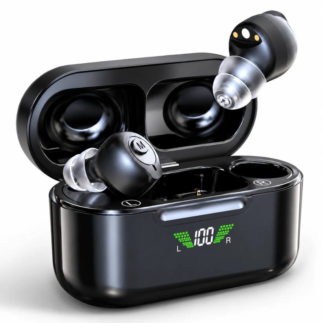Invisa black in-ear hearing aids and digital charging case