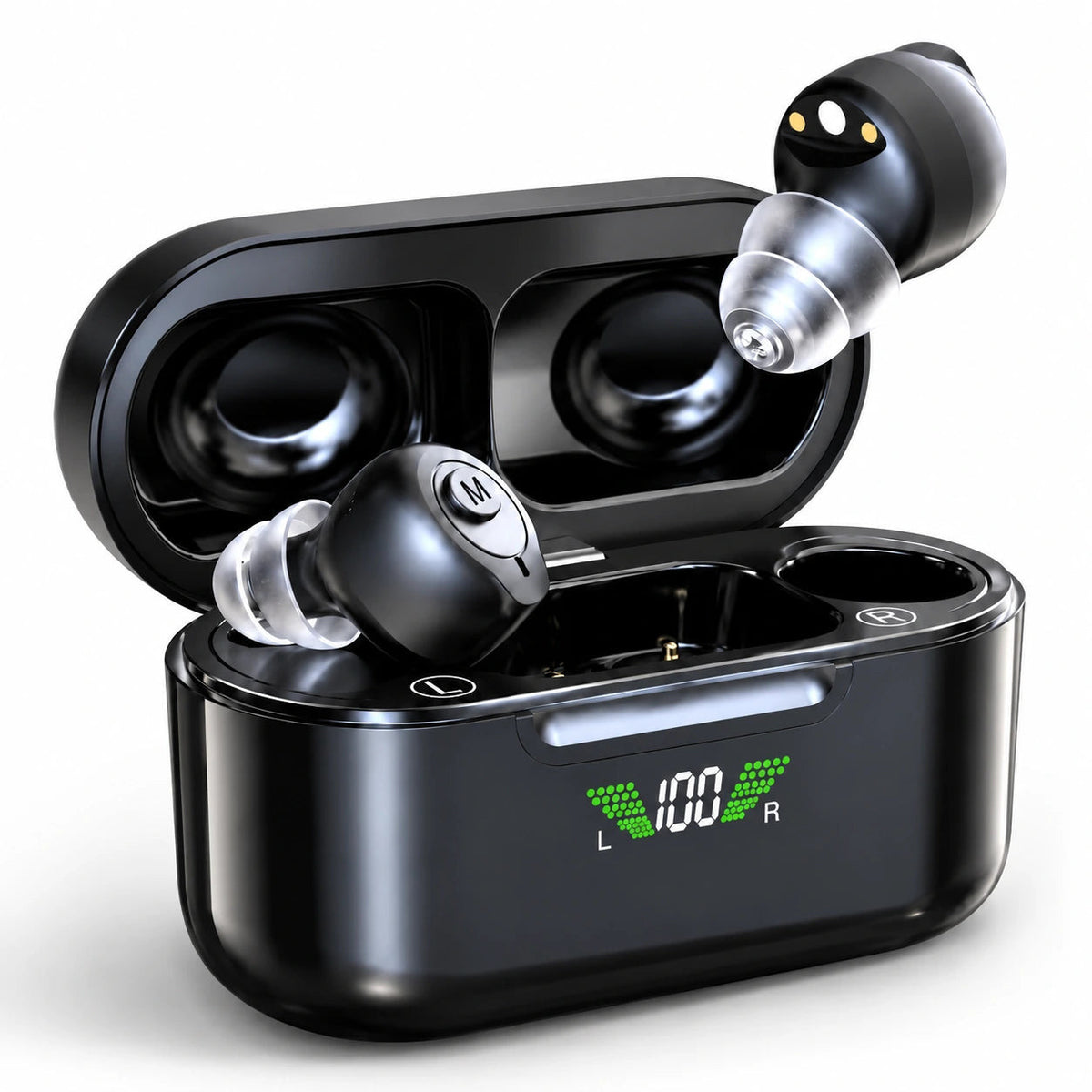 Invisa black in-ear hearing aids with digital charging case on white