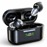 Invisa black in-ear hearing aids with digital charging case on white