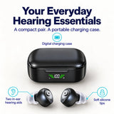 Invisa hearing aid pair, silicone tips and portable charging case