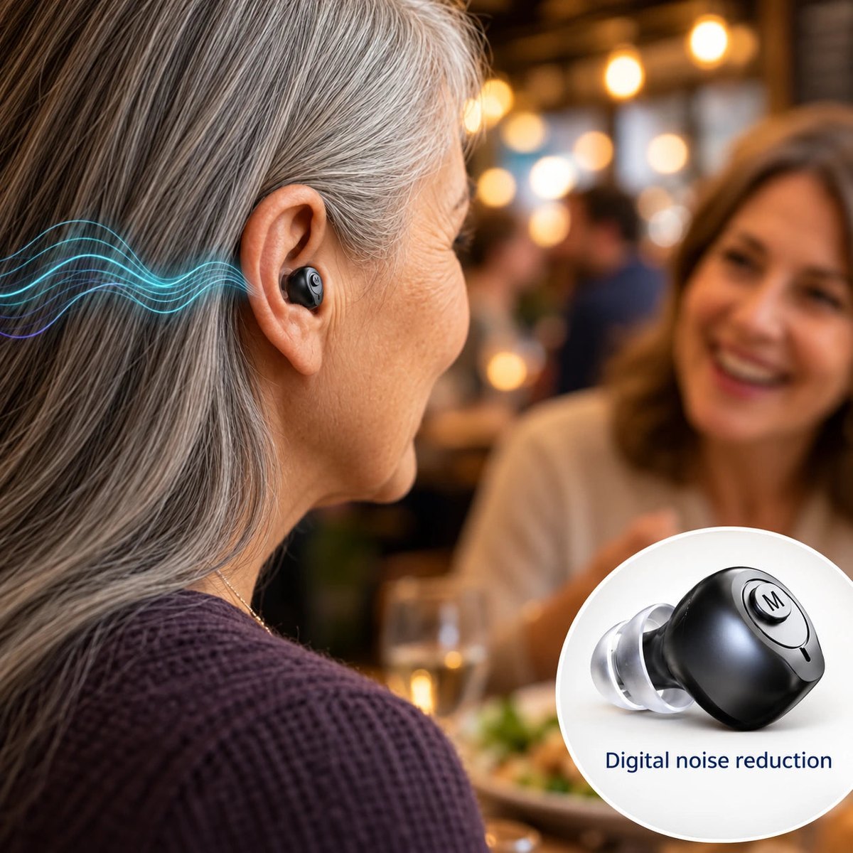 Invisa in-ear hearing aid in a restaurant, with a close-up showing digital noise reduction