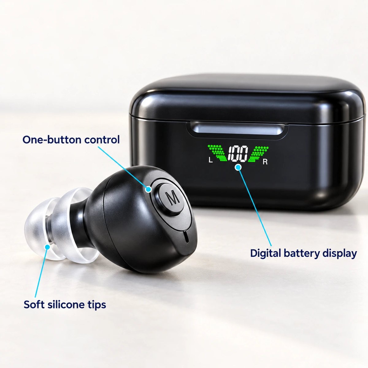 Invisa M button, soft silicone tips and digital battery display