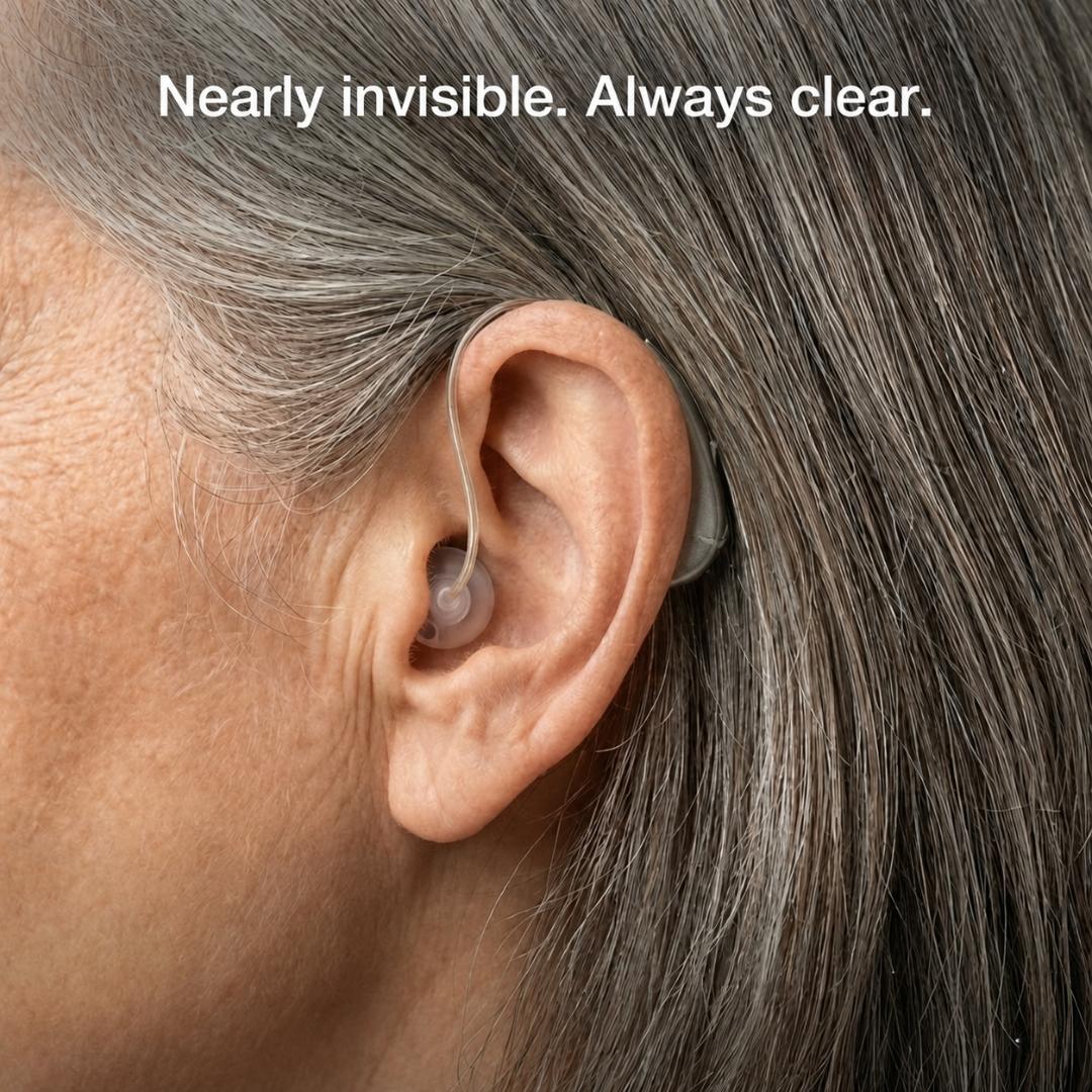 Close-up profile of an older woman wearing the WeRelieve invisible OTC hearing aid. The discreet silver device sits comfortably behind the ear with a clear acoustic tube resting in the canal, demonstrating a nearly invisible fit for daily use.
