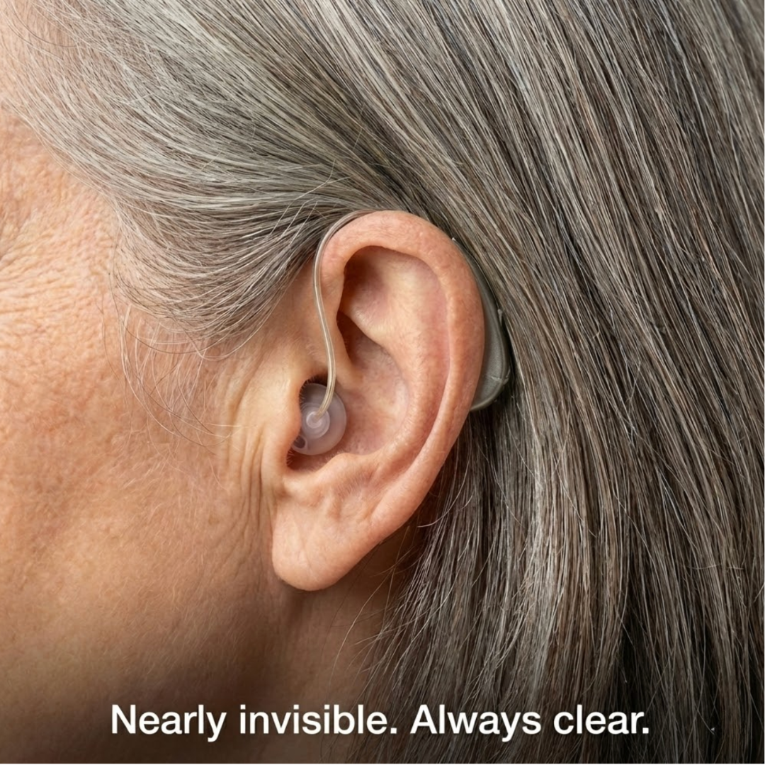 Close-up profile of an older woman wearing the WeRelieve invisible OTC hearing aid. The discreet silver device sits comfortably behind the ear with a clear acoustic tube resting in the canal, demonstrating a nearly invisible fit for daily use.